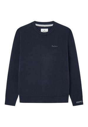 Maglione girocollo blu navy con maniche lunghe, polsini e orlo a coste, piccolo logo "Pepe Jeans" sul petto e sulla manica.