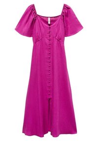 Robe en lin fuchsia avec des manches bouffantes courtes, un décolleté carré et un devant à boutons. Jupe évasée jusqu'aux genoux.