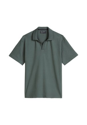 Short-sleeve, dark green polo shirt with a notch collar and textured fabric, displayed flat on a white background.