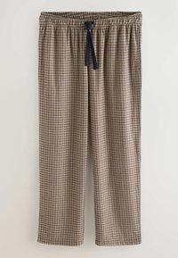 Barna és tengerészkék kockás pizsamanadrág, rugalmas derékkal és állítható zsinórral. Könnyű, egyenes lábú design.
