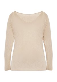 Beige neulepusero, jossa on pitkät hihat, leveä pyöreä kaula-aukko ja tekstuuri. Ominaisuuksiin kuuluu väljä istuvuus ja kevyt muotoilu.