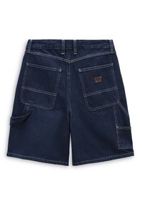 Dark blue denim shorts featuring two back pockets and one side pocket, with contrasting white stitching and a small brown leather tag.