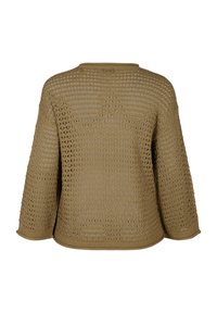 Sweter z dzianiny w kolorze khaki, z ażurowym wzorem, szerokimi rękawami i okrągłym dekoltem. Teksturowane wykończenie z prążkowanym dołem i mankietami.