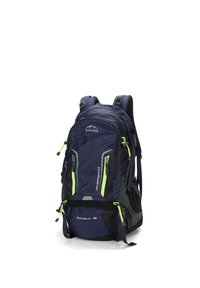 Zaino navy con accenti neri, caratterizzato da un motivo a scacchi, numerose tasche con zip, hardware verde neon e spallacci imbottiti.