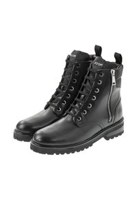 Bottes noires en cuir avec une surface texturée, bout arrondi, fermeture à lacets sur le devant et détail de fermeture éclair sur le côté. Semelle en caoutchouc épaisse avec un petit talon.