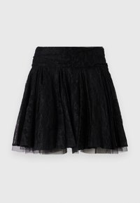 Černá krajková sukně s rozšířeným designem, strukturovaná tkanina a vrstvený tyl pod tím. Akcentovaný pas pro zvýšenou strukturu.