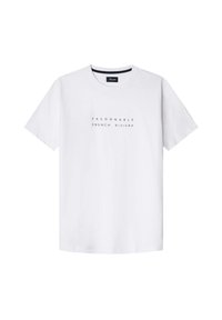 Witte katoenen T-shirt met ronde ronde hals, korte mouwen en bedrukte tekst "FACONNABLE FRENCH RIVIERA" in het zwart. Glad materiaal, klassieke pasvorm.