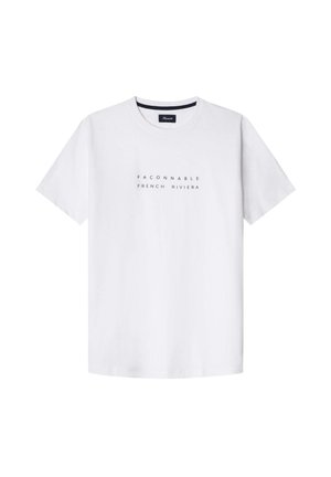 Witte katoenen T-shirt met ronde ronde hals, korte mouwen en bedrukte tekst "FACONNABLE FRENCH RIVIERA" in het zwart. Glad materiaal, klassieke pasvorm.