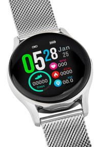 Smartwatch circolare con display touch nero. Cinturino in metallo a rete argento. Visualizza ora, data, frequenza cardiaca, passi e calorie.
