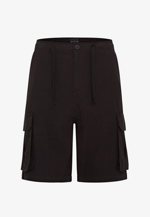 Zwarte cargoshorts van stof, met een elastische tailleband met trekkoord, twee zijzakken en een knoopsluiting.
