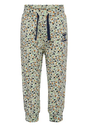 Lichte groene kinder sweatpants met een meerkleurig stippenpatroon, elastische tailleband en blauwe trekkoord. Logo gedrukt op de voorkant.