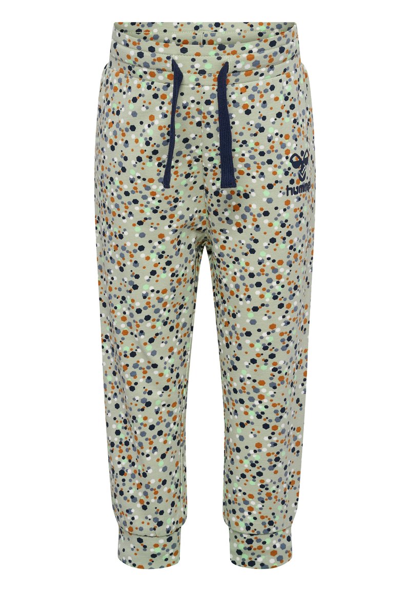 Lichte groene kinder sweatpants met een meerkleurig stippenpatroon, elastische tailleband en blauwe trekkoord. Logo gedrukt op de voorkant.