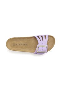 Purple slide sandal with a wide strap featuring cutouts, a silver metal buckle, and a brown cushioned insole. Brand logo visible.