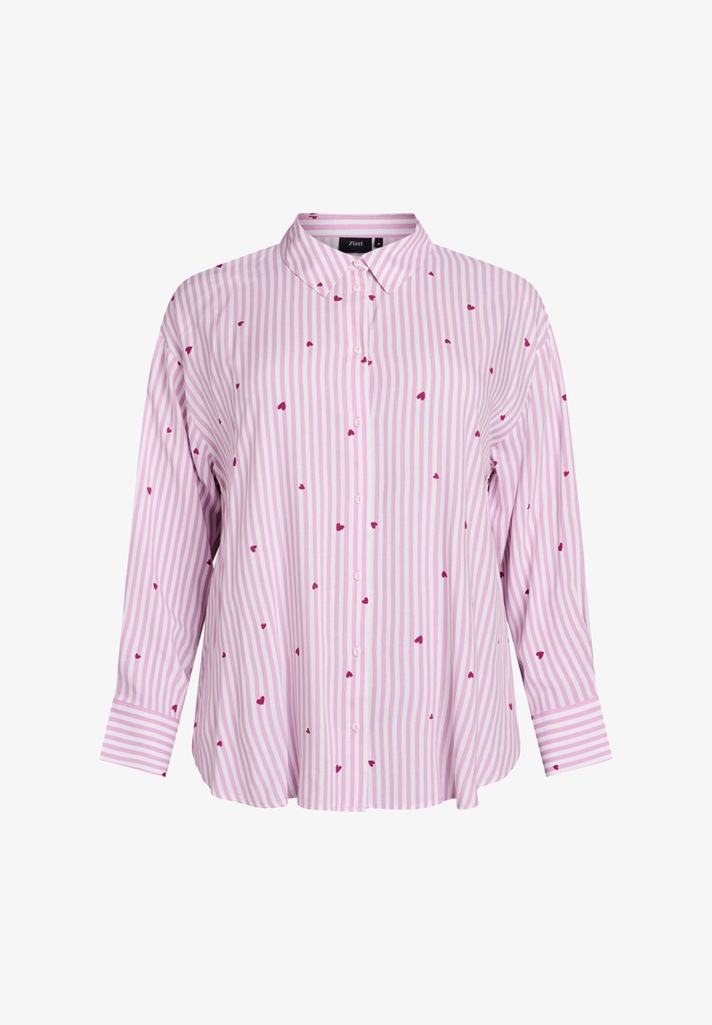 Chemise boutonnée avec des rayures verticales roses et blanches, parsemée de petits motifs en forme de cœur rouges, à manches longues et avec un col.