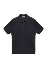 Polo noir à manches courtes en tissu texturé. Il présente un col à revers et une patte de boutonnage à trois boutons.