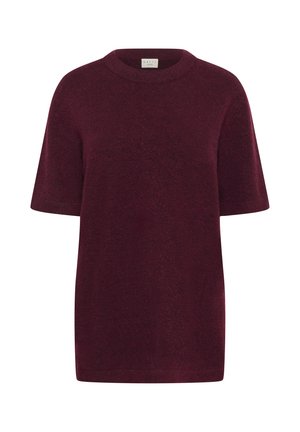 Pull en maille bordeaux à manches courtes avec un col rond et une coupe décontractée. Texture lisse, sans motifs, avec un léger éclat.