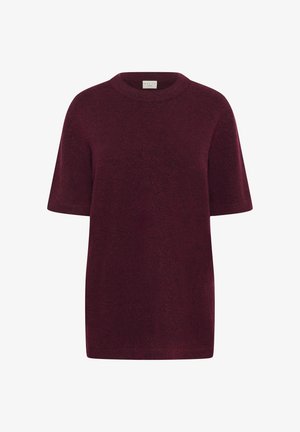 Burgundy knitted short-sleeve sweater with a round neckline and a relaxed fit. Smooth texture, no patterns, with a subtle sheen.
