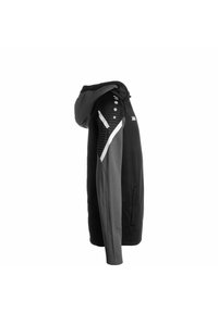 Felpa nera e grigia con cappuccio regolabile, righe verticali e dettaglio con bottoni a pressione su una spalla. Realizzata in un materiale liscio e elastico.