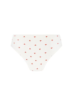 Witte geribbelde slips met kleine rode hartjes verspreid over het hele oppervlak. Eenvoudige en elastische tailleband, ontworpen voor comfort.