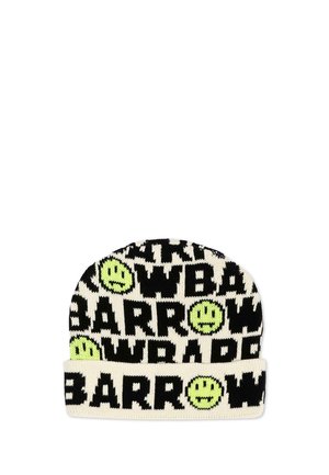 Gorro de punto en blanco y negro con texto en negrita "BARROW" repetido y emojis pixelados de cara triste en amarillo-verde por todo el gorro.