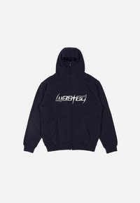 Navy zip-up hoodie, cotton material, front pockets, Large logo "wasted" in silver across the chest, ribbed cuffs and hem.