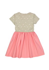 Šaty s krátkým rukávem, zelený vršek s vzorem růžového ananasu a růžová balónová sukně. Měkká bavlněná směs, volný design.