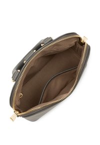 Sac à main en cuir gris avec fermeture éclair dorée, intérieur doublé en tissu marron clair, comprenant une poche plaquée et deux compartiments.