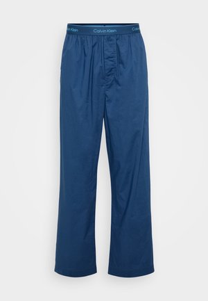 Herre løs-fittende blå pysjamasbukser med elastisk midjebånd og Calvin Klein-logo på midjebåndet, front knappelukking.