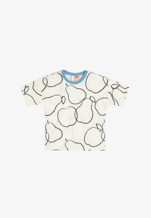 Camiseta de algodón con base blanca y contornos de peras negros, y un cuello acanalado azul claro. Mangas cortas, corte relajado.