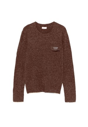 Maglione marrone in morbido tessuto a maglia, con scollatura rotonda, maniche lunghe e una piccola tasca sul petto con dettaglio del logo.
