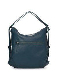 Bolso de hombro de cuero en verde azulado oscuro con un diseño blando, bolsillo frontal con cremallera, correa ajustable y textura suave.