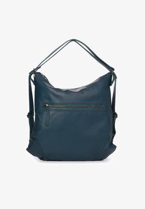 Bolso de hombro de cuero en verde azulado oscuro con un diseño blando, bolsillo frontal con cremallera, correa ajustable y textura suave.