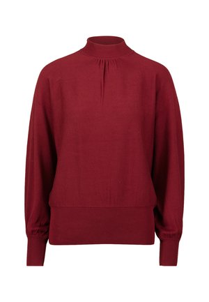 Bordeaux pullover sweater med høj hals, plisseret detalje ved halsen samt ribbede manchetter og nederste kant. Blødt strikstof.