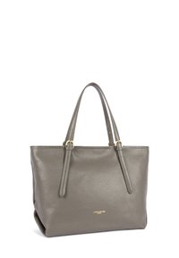 Borsa tote in pelle grigia con finitura testurizzata, dettagli in metallo dorato, due manici lunghi e forma rettangolare strutturata.