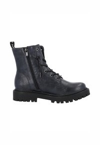 Stivaletti alla caviglia in pelle nera con suola robusta, caratterizzati da chiusura frontale con lacci, zip laterale e finitura texturizzata. Dettagli in metallo e cuciture visibili.