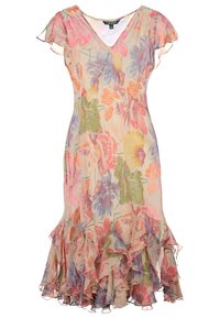 Blumenmuster, durchscheinendes Maxikleid mit V-Ausschnitt, kurzen Schmetterlingsärmeln und gerüschtem Saum in sanften Pastellfarben von Rosa, Blau und Grün.