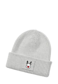 Gray knitted beanie with a ribbed texture, featuring a square patch with a reindeer face and red nose. Soft material, stretchable fit.