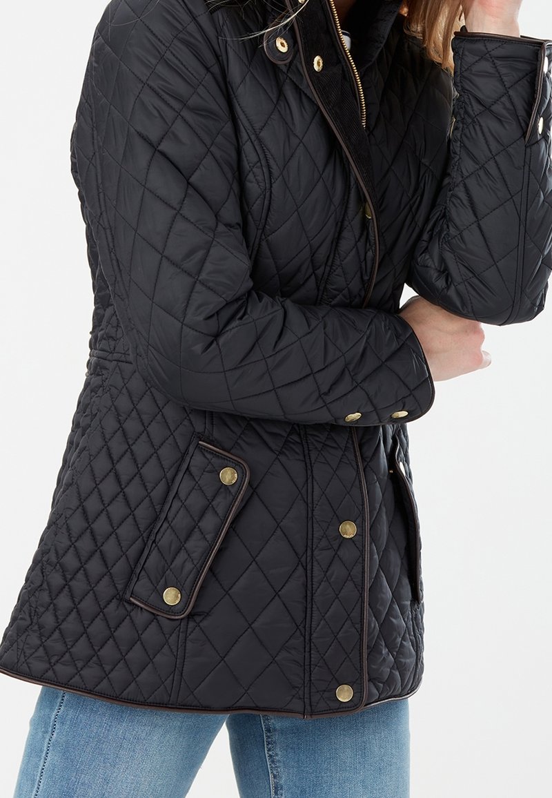 Black quilted jacket with golden snap buttons, corduroy collar, and side pockets. Features a fitted silhouette and textured fabric.