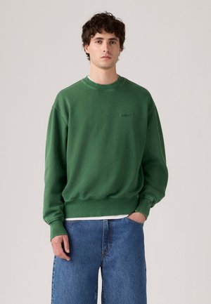 Green cotton sweatshirt with a crew neck, ribbed cuffs, and hem. Features a small, tonal Levi's logo on the chest. Worn with blue denim shorts.