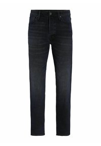Los jeans de mezclilla oscura presentan un diseño de pierna recta, cierre delantero de botón y un estilo de cinco bolsillos con un ligero desgastado en todo su recorrido.