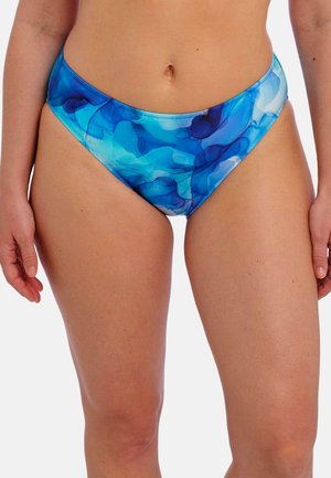 Braguitas de bikini de natación con un patrón de acuarela azul, bordes sin costuras y un corte bajo, fabricadas en un material elástico de secado rápido.