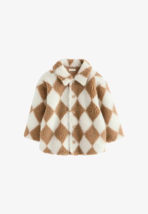 Napapirine fleece jacket mit boutons mit braun- und weißem Rautenmuster und breitem Kragen, vor einem weißen Hintergrund präsentiert.