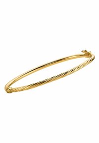 Auksinis apyrankės bangle su suktais raštais, lygiu paviršiumi ir saugia užsegimu, demonstruojantis blizgantį metalinį finišą.