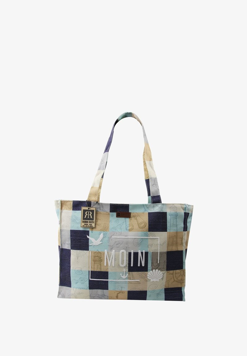 Tote bag met een patchwork ontwerp in beige, blauw en marineblauw. Bevat het woord "MOIN" in het wit, met nautische iconen en een duurzame stoftextuur.