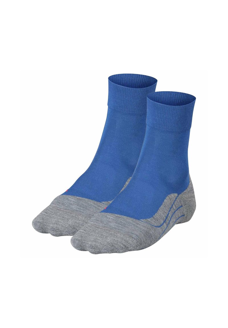 Blaue und graue Knöchelsocken mit geripptem Bund, glatter Textur und verstärktem grauem Fersen- und Zehenbereich sowie subtilen Designelementen.