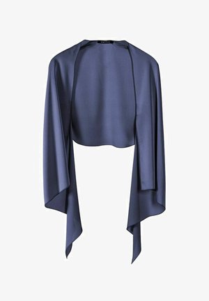 Giacca cropped in satin blu scuro. Presenta un frontale aperto, maniche lunghe e fluide, e una trama liscia e leggera. Nessuna chiusura visibile.