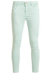 Mint green skinny jeans with a smooth texture, featuring five pockets and a front button closure. Tailored fit for a modern silhouette.