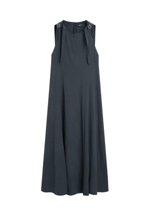 Ærmeløs, mørkegrå midi-kjole med rund halsudskæring og justerbare stropper med spænder på skuldrene, flydende A-formet silhuet.