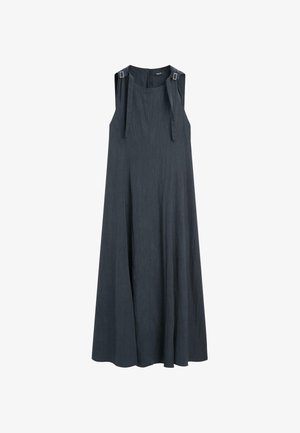 Ærmeløs, mørkegrå midi-kjole med rund halsudskæring og justerbare stropper med spænder på skuldrene, flydende A-formet silhuet.