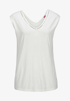 Haut blanc sans manches avec un col en V, présentant des bretelles superposées distinctives au niveau du cou et une coupe décontractée. Texture douce, design uni.